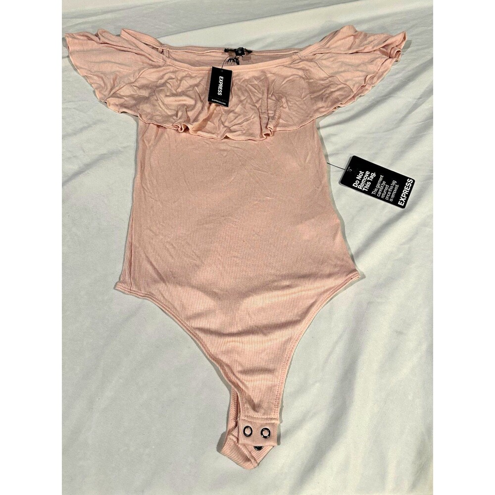 Express XS NWT Dusty Rose Ribbed Ruffle Convertible Off Shoulder Bodysuit